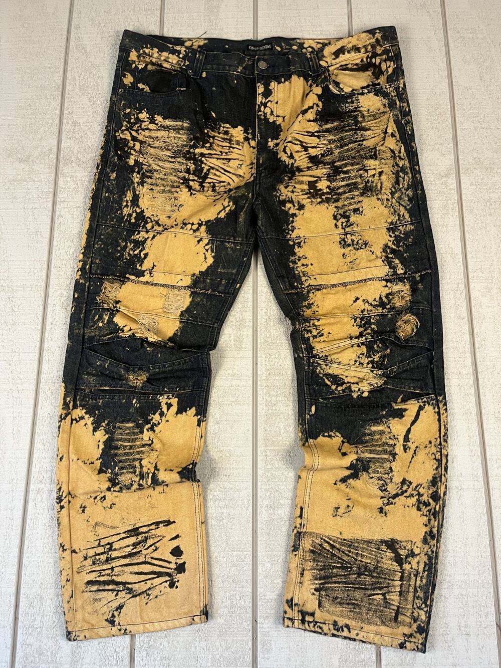 GS-115 Bleached Distressed Moto Biker Pants Mens 44 Black Yellow Punk Grunge